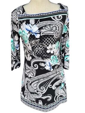 WHBM Black/White/Teal Boat Neck 7/8 Sleeve A-Line Tunic Top (M)